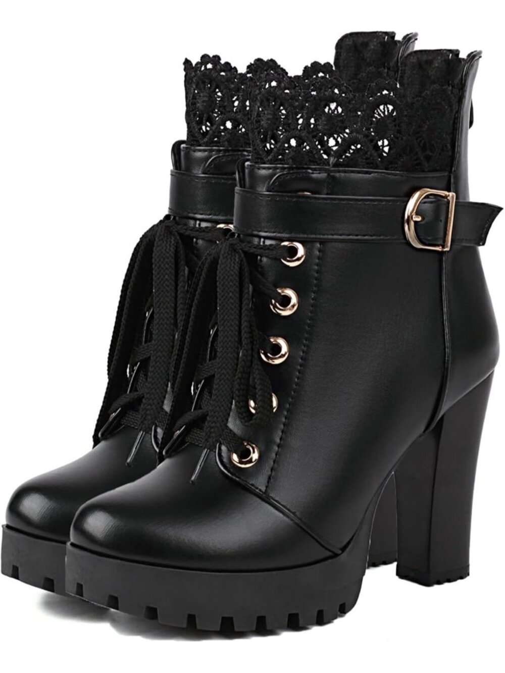 Women's Black Buckle Rivets Goth Block Heel Round Toe Zipper Ankle Boots